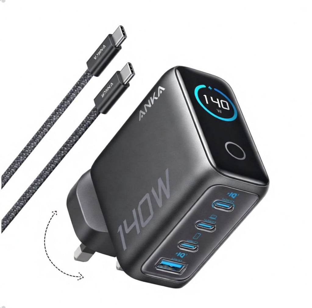 شاحن جداري سريع Anka 140W بتقنية GaN، 4 منافذ (3 Type-C + 1 USB-A)، شاشة عرض رقمية، حماية أمان 24 ساعة، شحن 4 أجهزة في آن واحد، متوافق مع آيفون، لابتوب، أجهزة ذكية